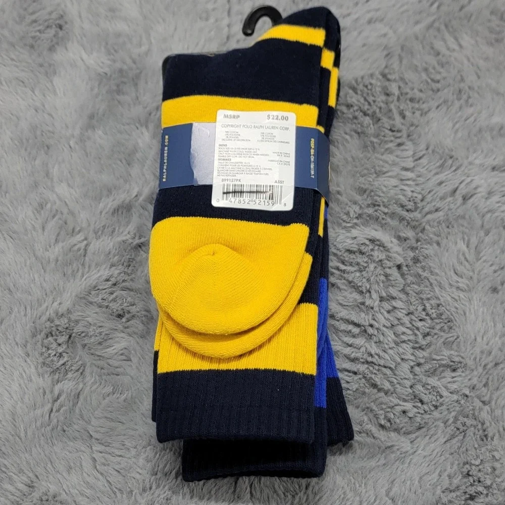 Polo Ralph Lauren Socks Mens 10-13 Blue Yellow Rugby Stripe Crew 2 Pairs